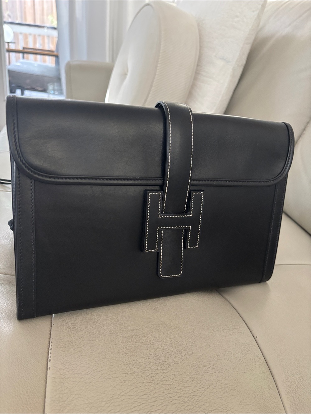 Hermes Black Leather Clutch with White Contrast Stitching